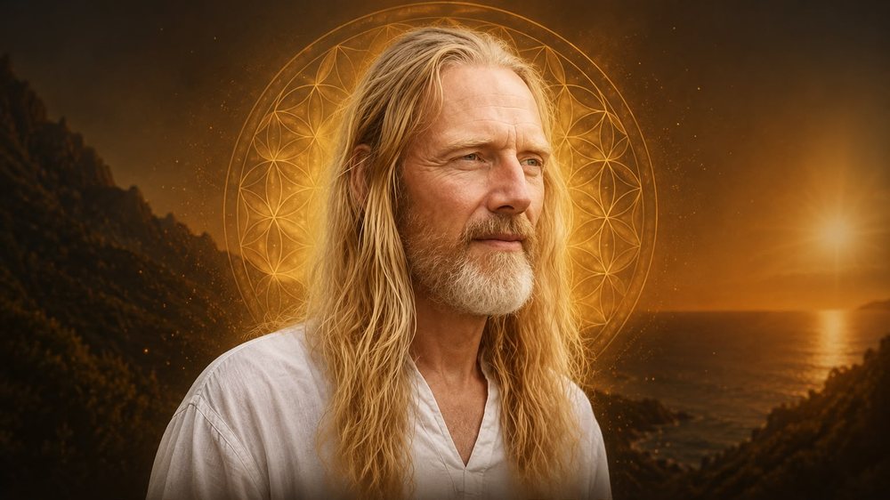 Portrait of Markus Witte against a Tenerife sunset with a flower-of-life halo